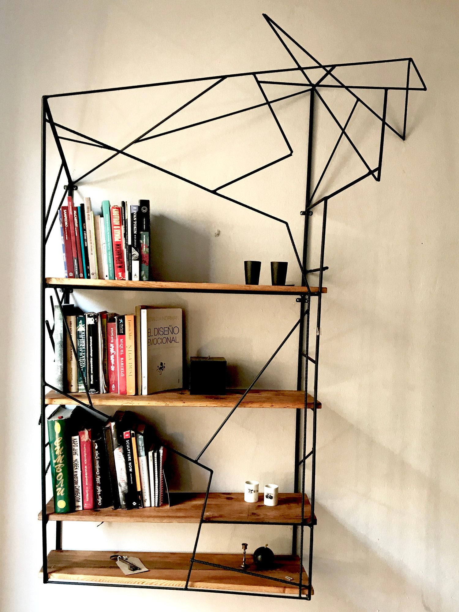 Metal and wooden wall bookshelf